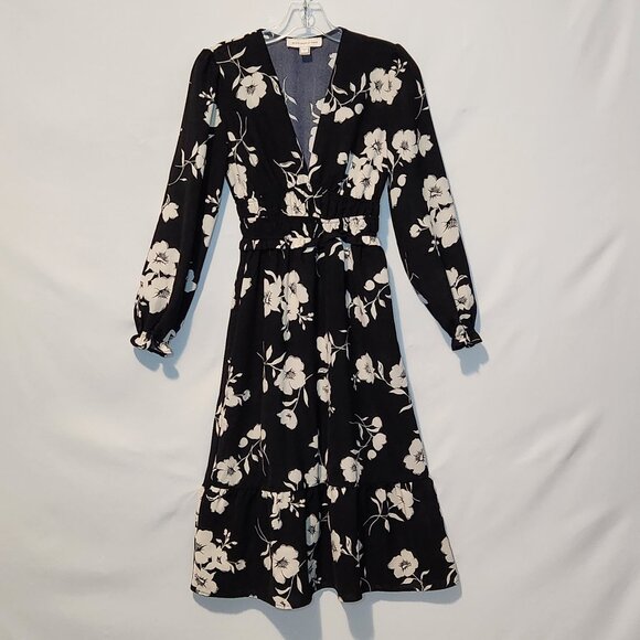 Monteau Black White Floral Print Day Dress w/Elastic Gathered Waist- Small - Picture 1 of 12